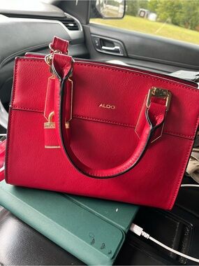 ALDO Red Structured Satchel with Gold Hardware